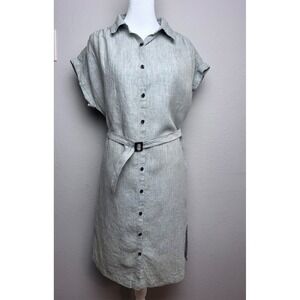 C&C California Sage Green 100% Linen Button Front Belted Shirt Dress Small